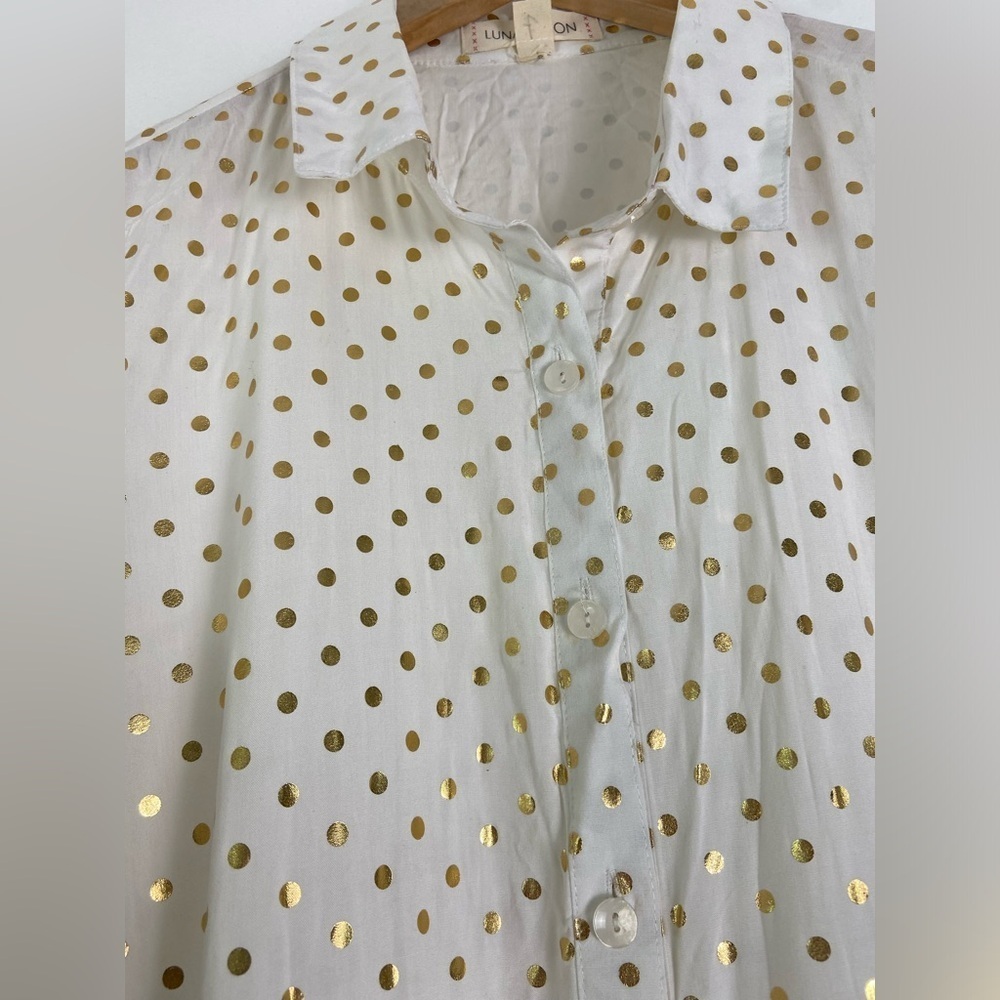 Luna Moon Women's large, gold poke-a-dot, empire waist, botton up blouse. - Picture 4 of 5